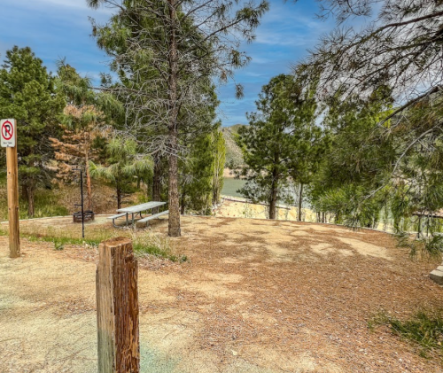 A serene outdoor area with trees, a picnic table, and a view of a lake in the background under a blue sky.